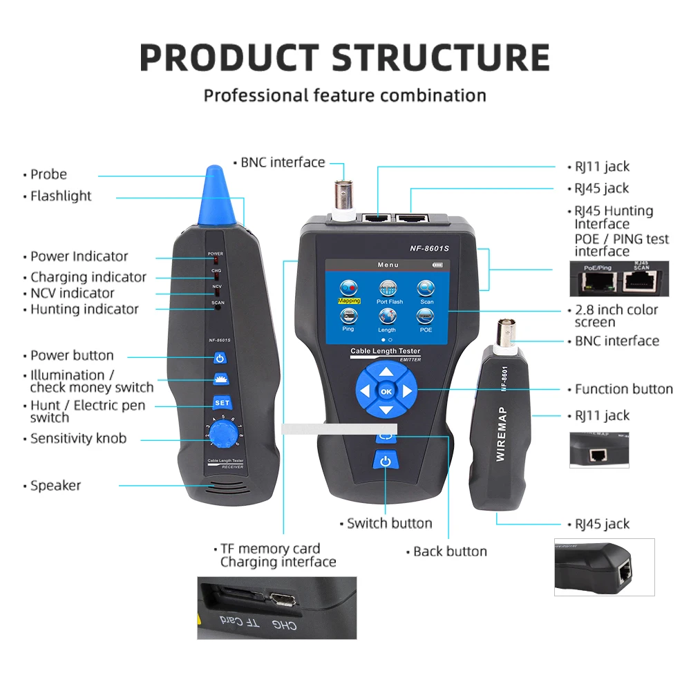 NOYAFA NF-8601S 네트워크 케이블 테스터, 다기능 TDR 길이, PoE, PING, 포트 전압, 와이어 맵 추적기, 진단 도구 감지기