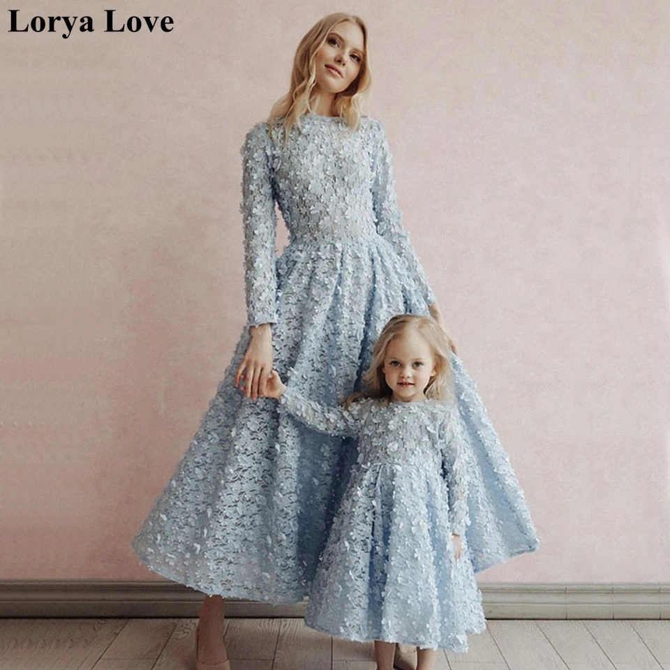 Sky Blue Prom Dresses For Mother And Daughter Evening Gowns Muslim Long Sleeve Appliques Formal Party Night Vestido Fiesta 2022