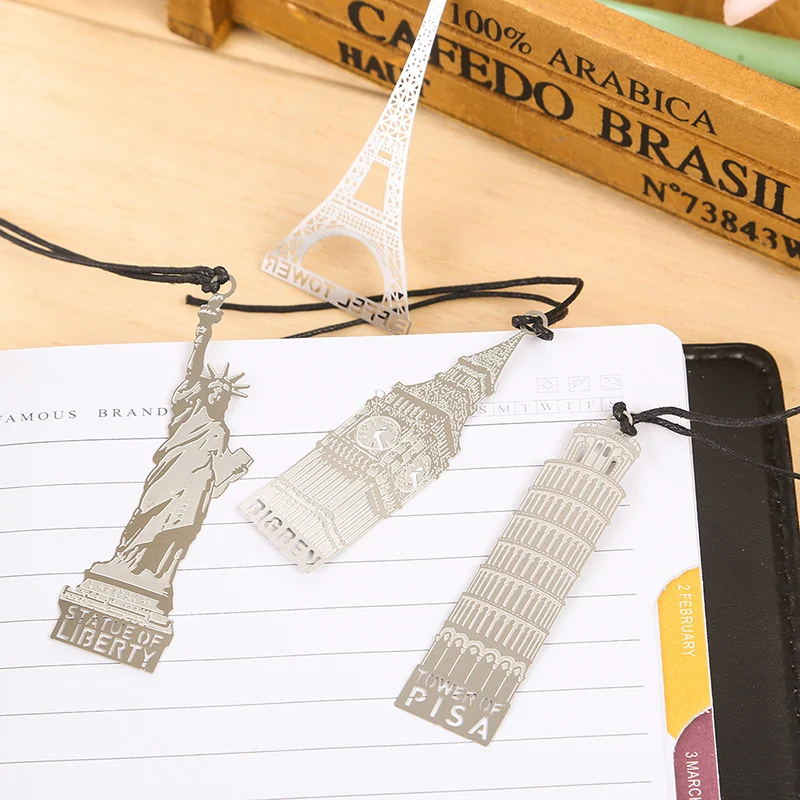 1pc Metal Bookmarks Architecture Tower Hollow Design Office Paper Clips Bookmark Creative Stationery
