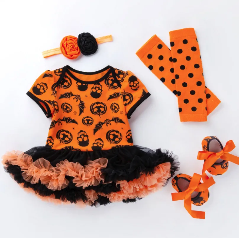 

New Baby girls pumpkin rompers jumpsuits lace tutu toddler shoes leg warmer and headbands 4 pcs clothing sets Halloween Kid gift