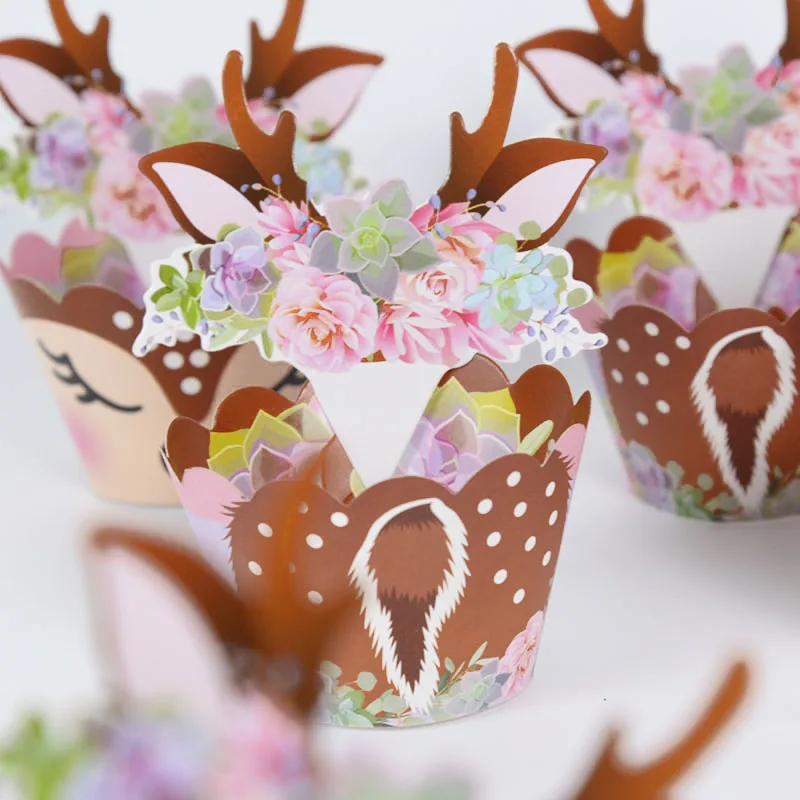 12/24 stücke Cartoon Sika Deer Cupcake Wrapper Geweih Papier Kuchen Topper Frohe Weihnachten Weihnachten Neue Jahr Geburtstag Party Dekoration – Detail 24
