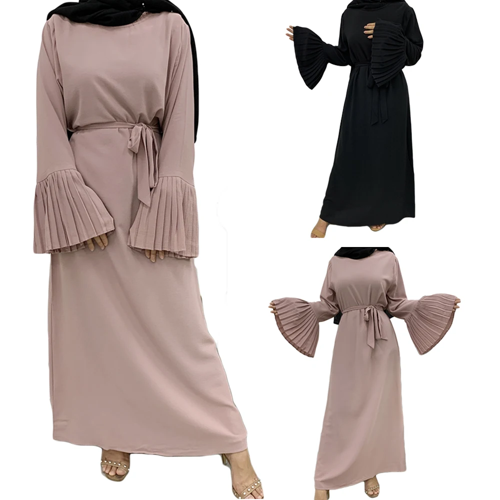 

Women Long Dress Casual Muslim Abaya Pleated Flare Sleeve Arab Robe Ramadan Islam Clothing Kaftan Turkish Plus Size Maxi Robe