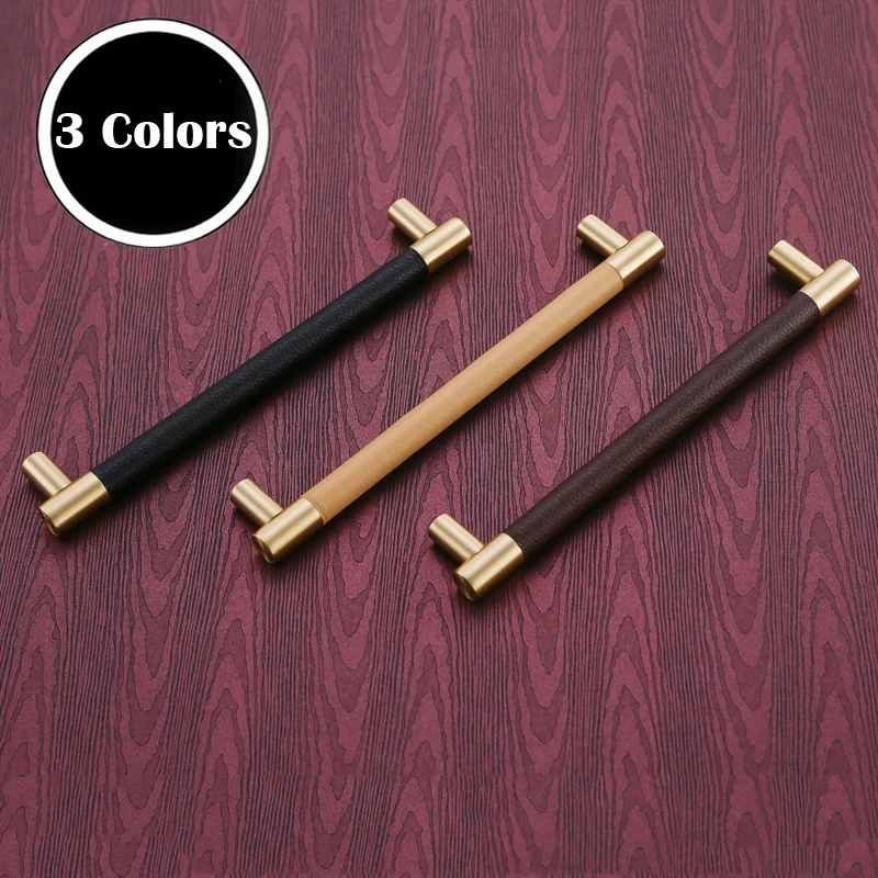 Leather & Brass cabinet knobs and handles drawer handle furniture decotation handles bathroom cupboard Knobs pull handle black