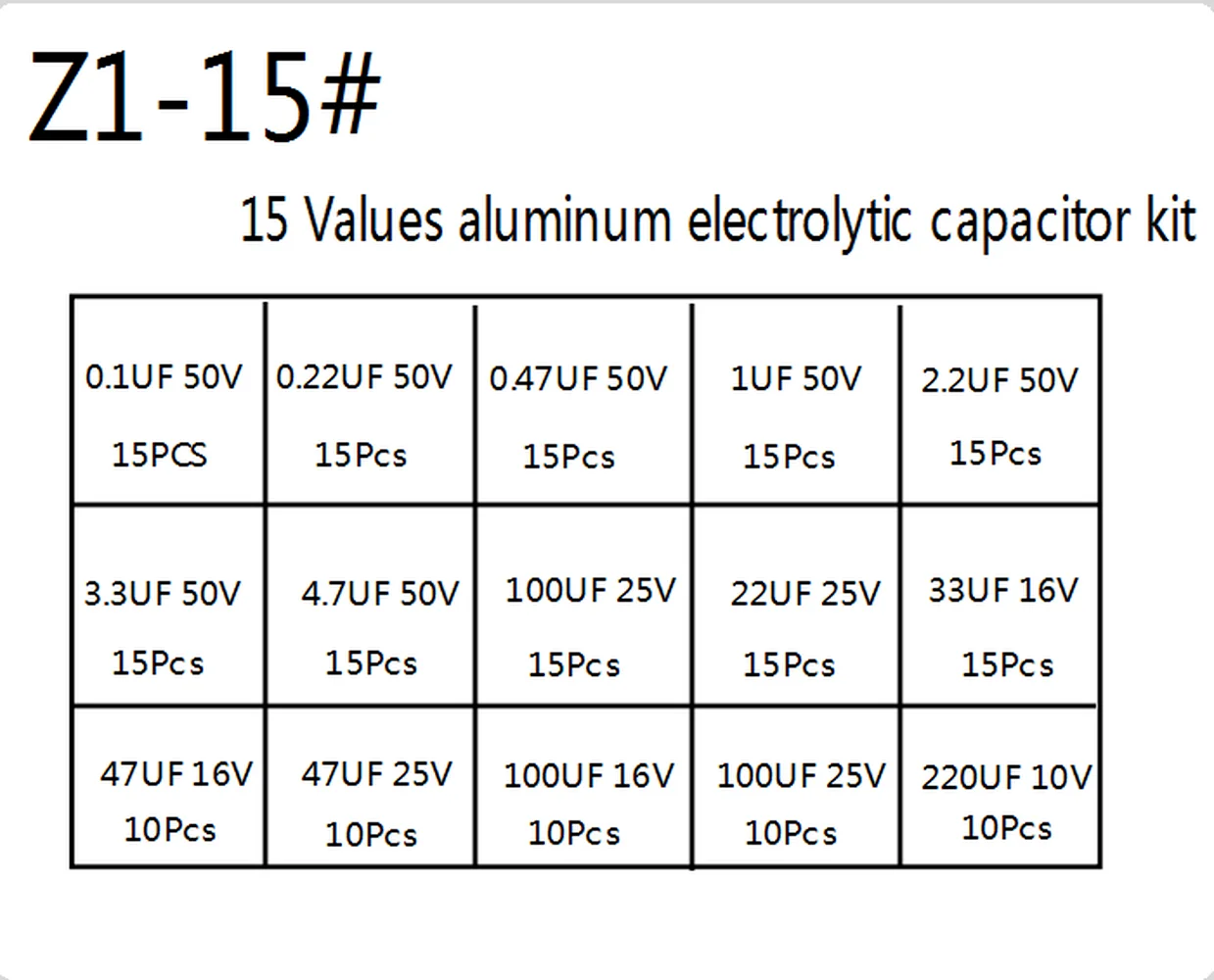 200ピース/ロットラジアルコンデンサセット15値10v 16v 25v 50v 0.1 μ fの-220uf電解コンデンサ詰め合わせキット0.22 μ fの2.2uf 100uf