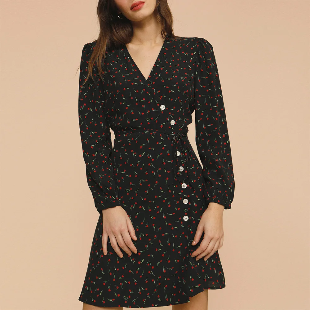 

Dresses For Women 2021 Elegant Chic Vintage Floral Print Mini Dress Autumn Long Sleeve V Neck Button Tie Waist Black Wrap Dress