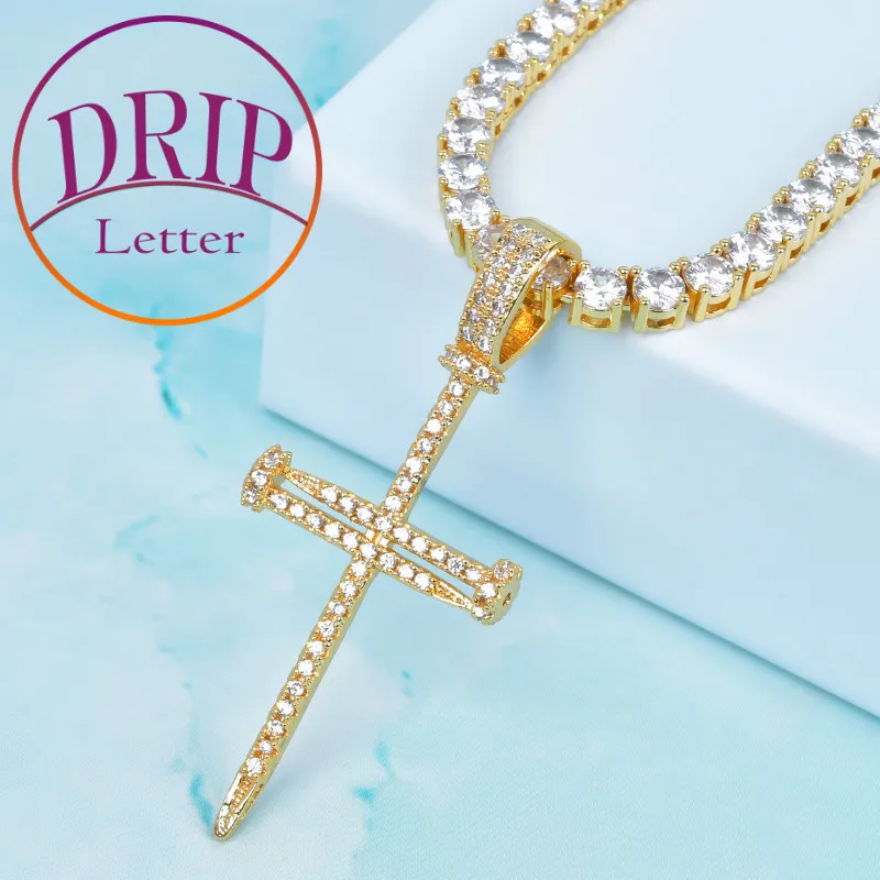 Nail Cross Pendant Necklace Gold Color Cubic Zircon Men's Hip Hop Rock Street Jewelry