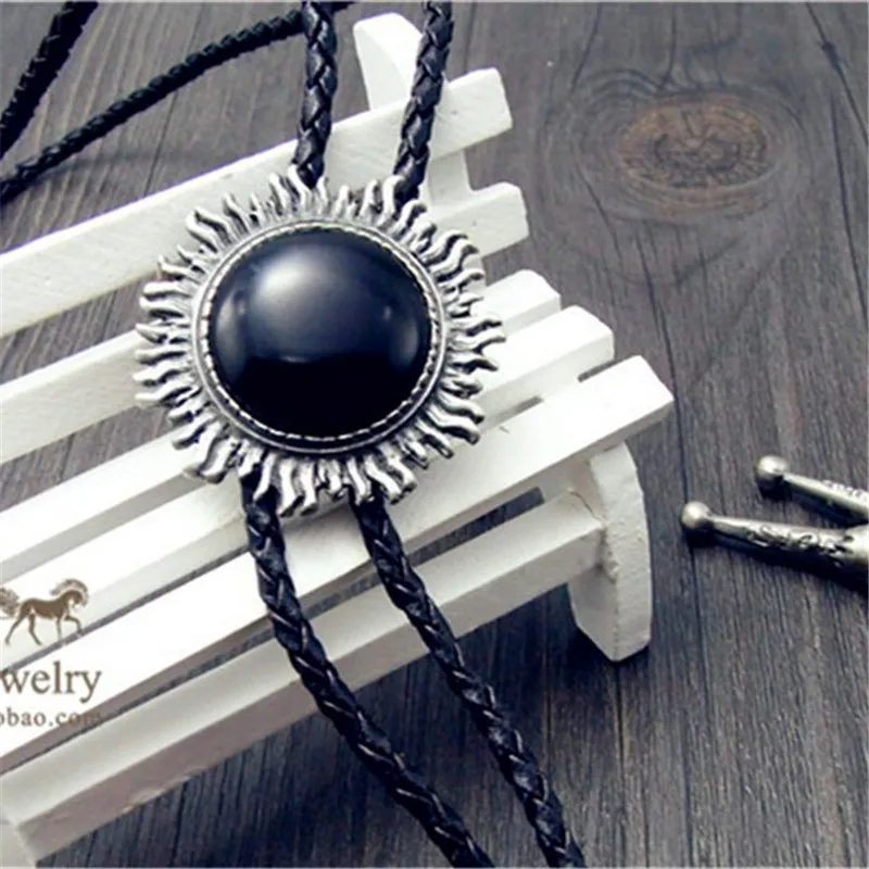 Bolo tie Retro shirt chain Imitation of obsidian sun Poirot tie rope leather necklace Long tie hang