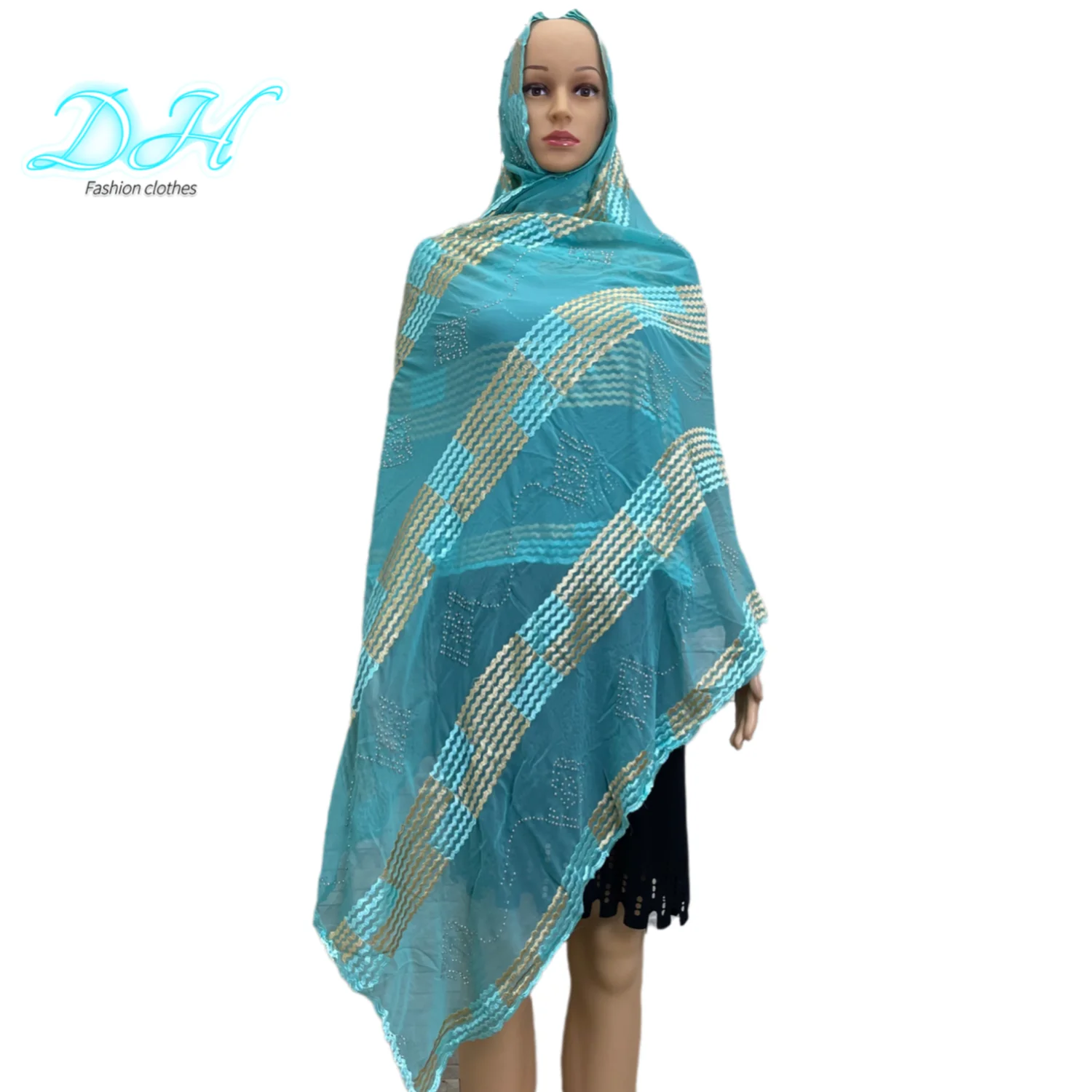 African Fashion Hijabs Colorful Scarf Muslim Shawls Embroidery Flower and Set With Diamond Chiffon Fabric Turban for Woman DH089