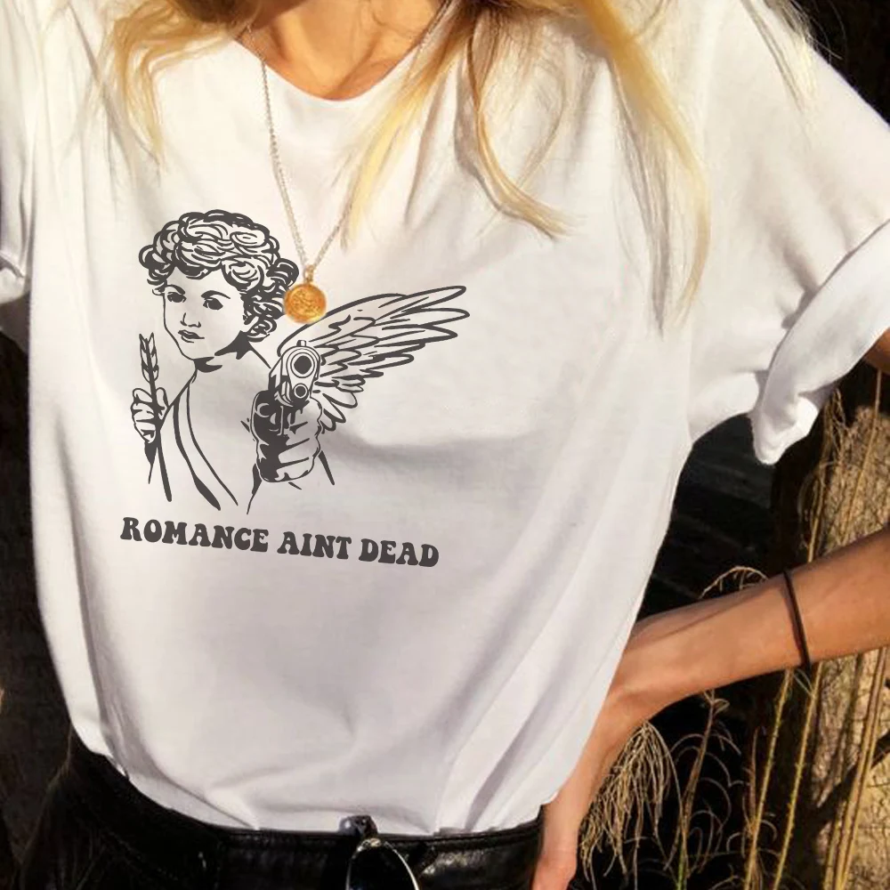 Romance Aint Dead Harajuku Streetwear T-Shirt Women Cute Aesthetic Angel Print Tops Tshirt Loose Short Sleeve Tee Grunge Clothes