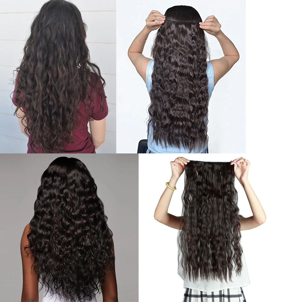 XINRAN Synthetic Long Wave 5 Clips  Hair Extensions Clips in High Temperature Fiber Black Brown Hairpiece