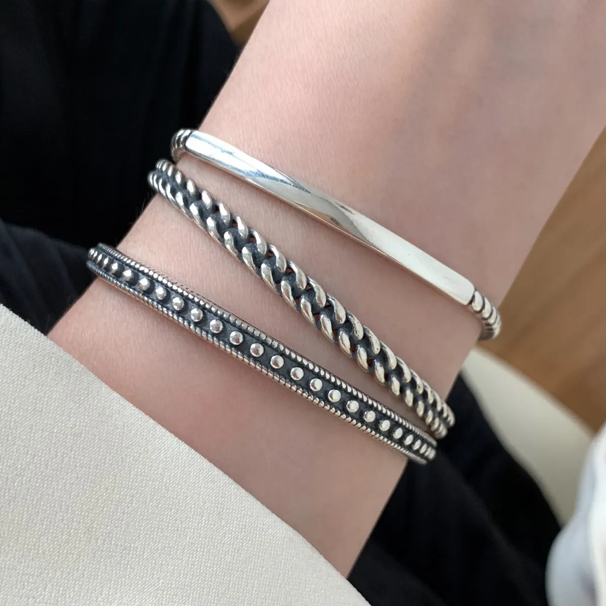 S925 Sterling Silver Bangle For Women Korean Retro Simple Opening Bangle Jewelry Wholesale