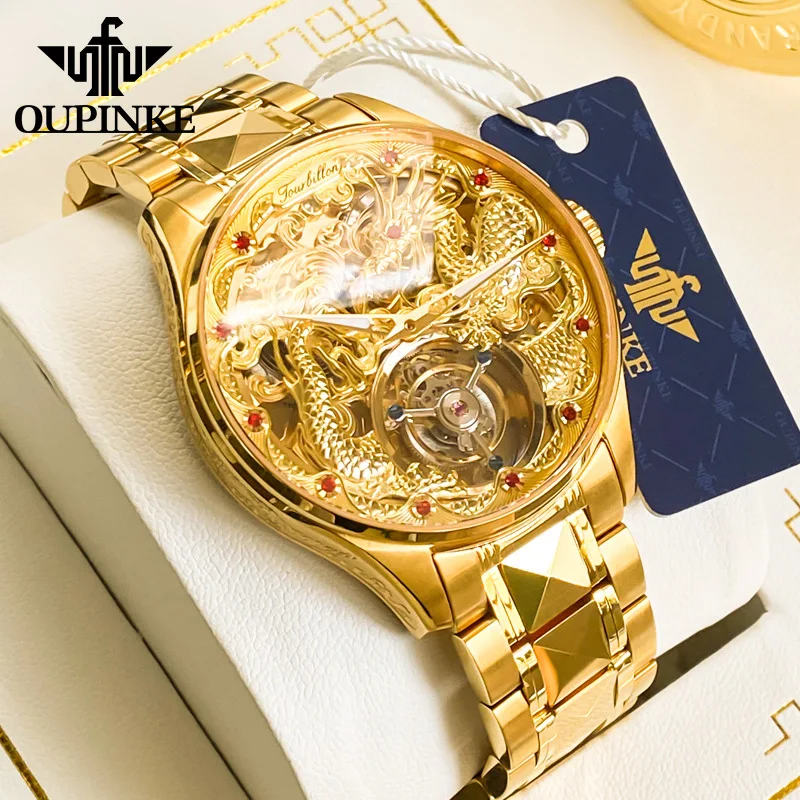 OUPINKE Real Tourbillon automatic mechanical men watch skeleton glass sapphire luxry gold dragon wristwatch religio masculino