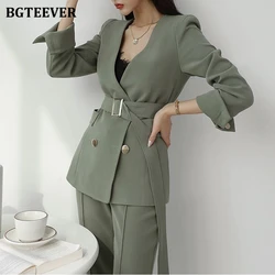 BGTEEVER Elegant Women Blazer Suit Autumn Office Ladies Pant Suits V-neck Belted Blazer & Suit Pants 2020 Work Wear Female Sets