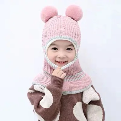 Winter Baby Hat Knit Kids Beanie Hat for Girl Boy Hats Scarf with Cute Headset Pattern Warm Scarf Velvet Lining Caps Baby Cap