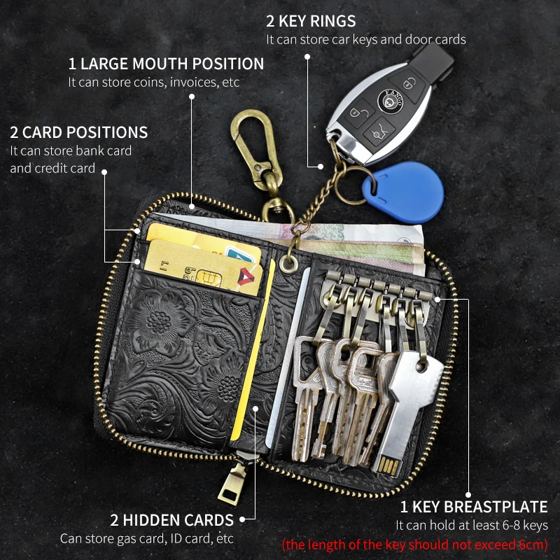 RFID Blocking Genuine Leather Key Wallet 6 Keychains Housekeeper Car Key Holder Card Slot Mini Coin Purse With Zipper For Unisex