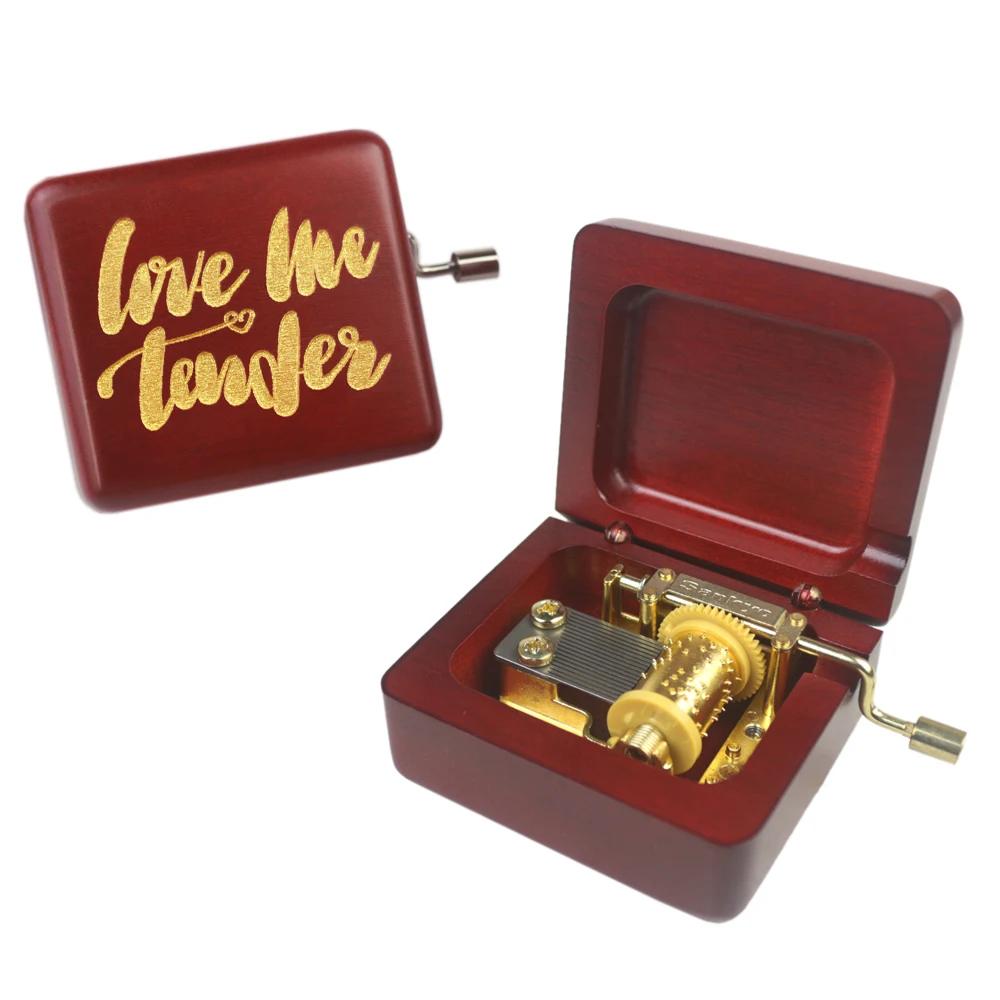 Rosiking Carved wooden hand crank Love me tender Music Box Red Carved Mechanism Gift For Frends Girl and Children Birthday Gift