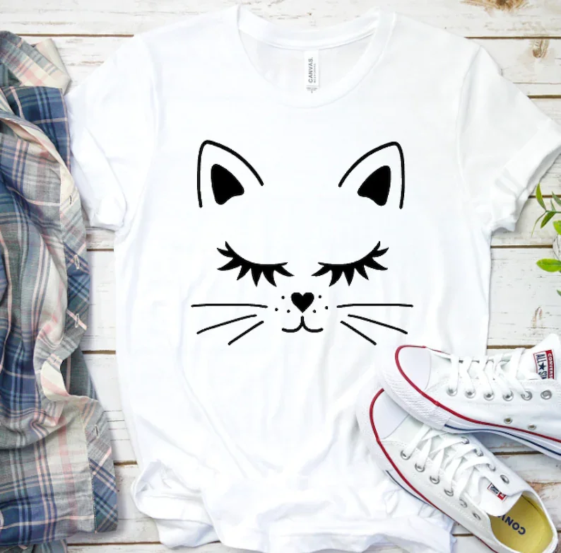 

Cat face Kitten Funny Present Animal Lover Whiskers Face Lover Short Sleeve Women's shirt Aesthetic O Neck Top Tee Drop Shipping