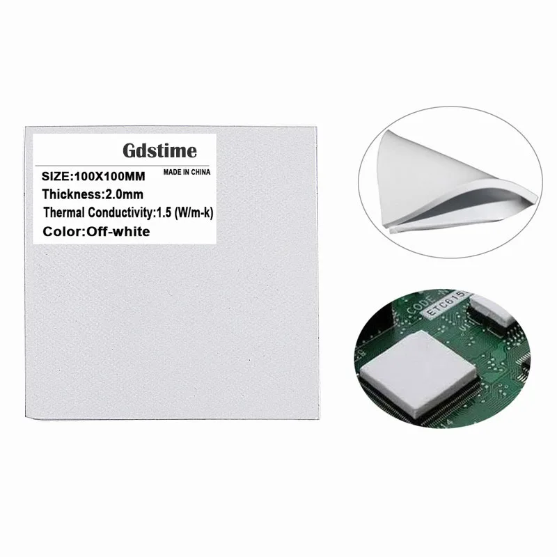 Gdstime-almohadilla térmica conductora de silicona, cojín disipador térmico de 100x100x2mm de grosor, 100mm x 2mm, color blanco, 5 uds.