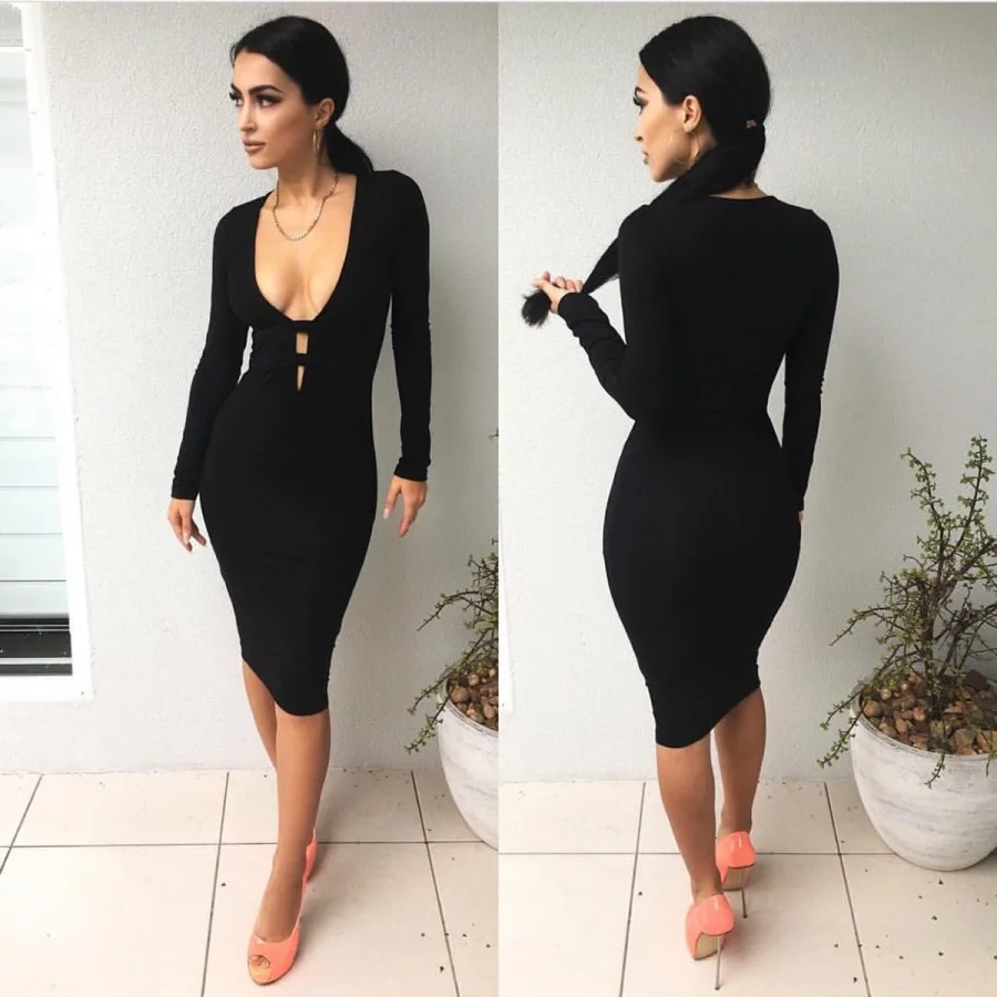 Wantmove 2021 Summer Women Sexy Solid Color Bodycon V-Neck Long Sleeve Hollow Out Party Midi Dress AM902