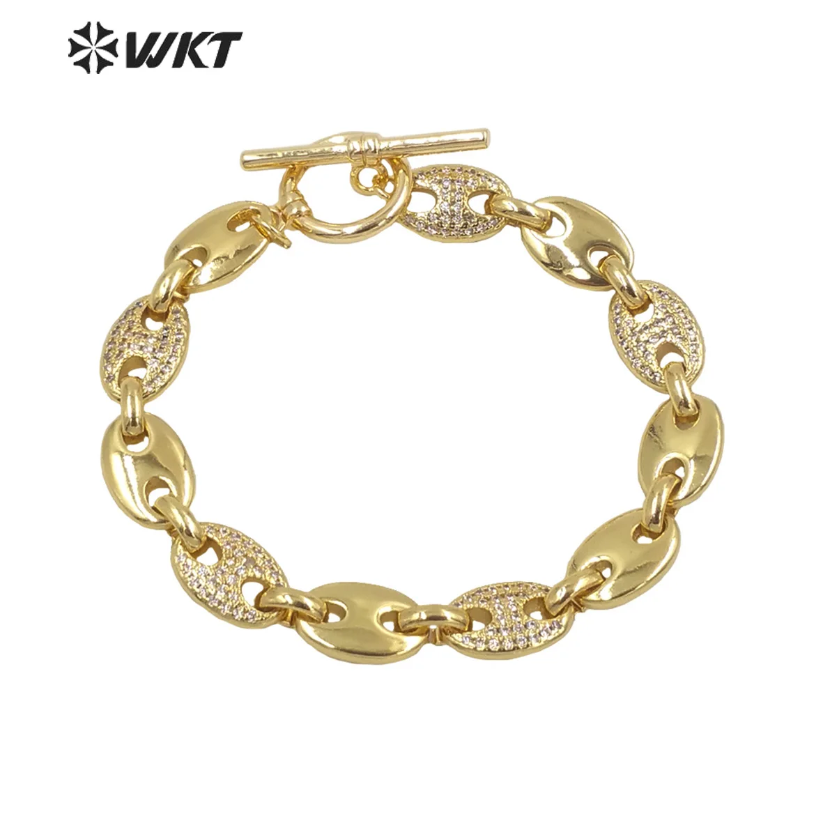 

WT-MB119 Wholesale new coffe bean cubic zircon chunky chain bracelet Europe Real gold plated big chain metal bracelet