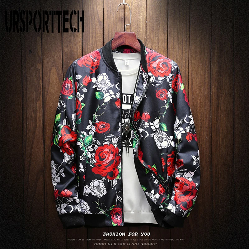 URSPORTTECH Men\'s Jacket Spring Autumn New Flower Print Jackets Boys Male Japanese Streetwear Designer Slim Coats Outwear M-5XL