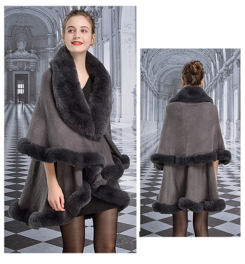 

2 Colors Winter Warm Thick Outstreet Coat Two Layers Loose Cape Shawl Women Grey Black Faux Fur Big Collar Long Cashmere Poncho