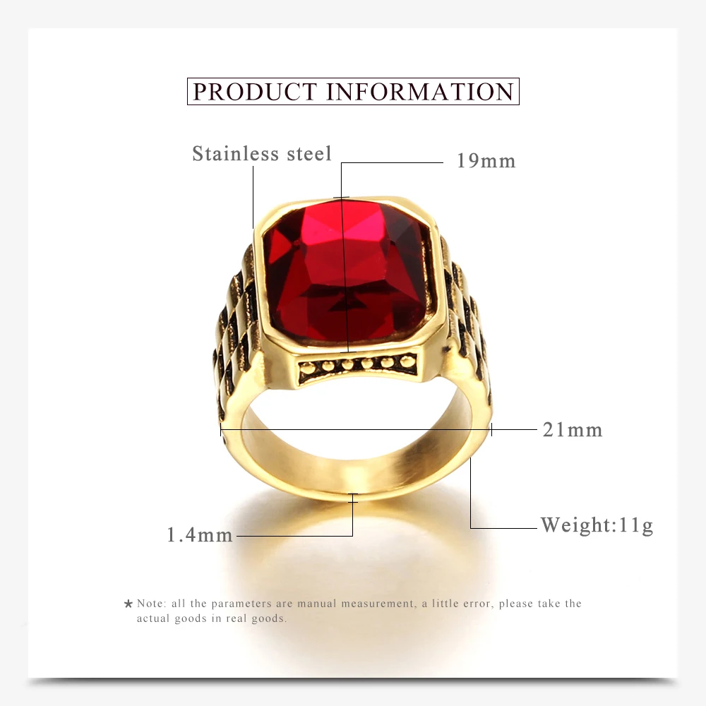 Man Punk Rings Vintage 316L STAINLESS Steel Red Gem Finger Ring With Stone Fashion Men Jewelry