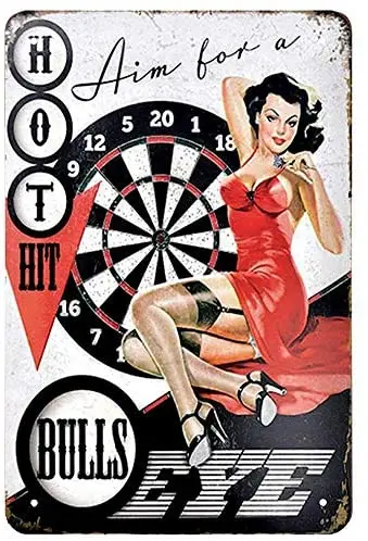 Bulls Eye Tin Signs - Hot Hit Aim for a Pin Up Girl Dress Red Shirt Vintage Metal Tin Sign - Wall Decor for Bars, Restaurants,