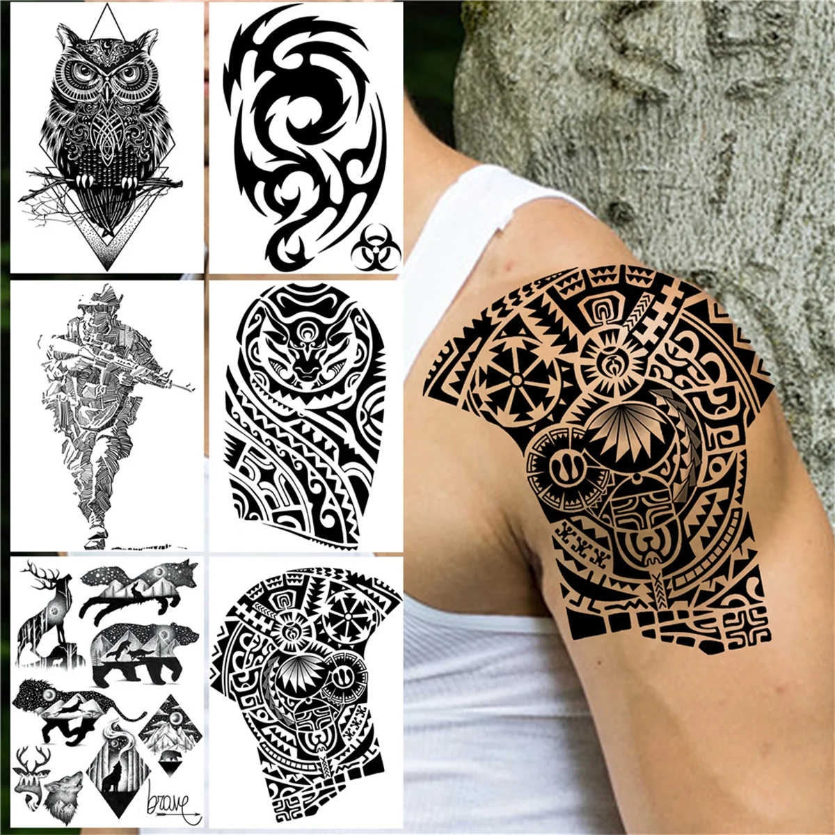 Waterproof Tribal Totem Temporary Tattoos For Men Women Adult Black Owl Animals Tattoo Sticker Large Size Soldier Fake Tatoo Arm