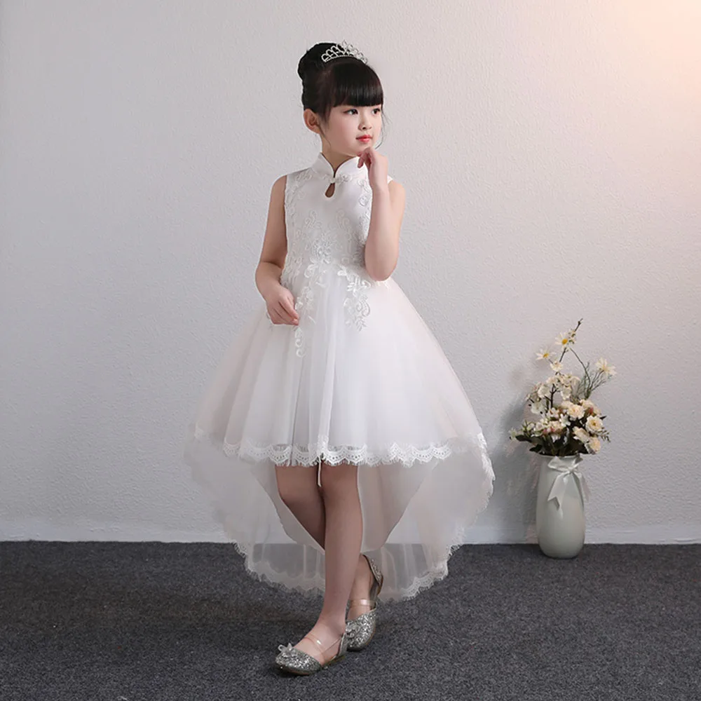 High Collar Lace Flower Girl Dresses Fashion Occasion Party Dress High Low With Back Bow