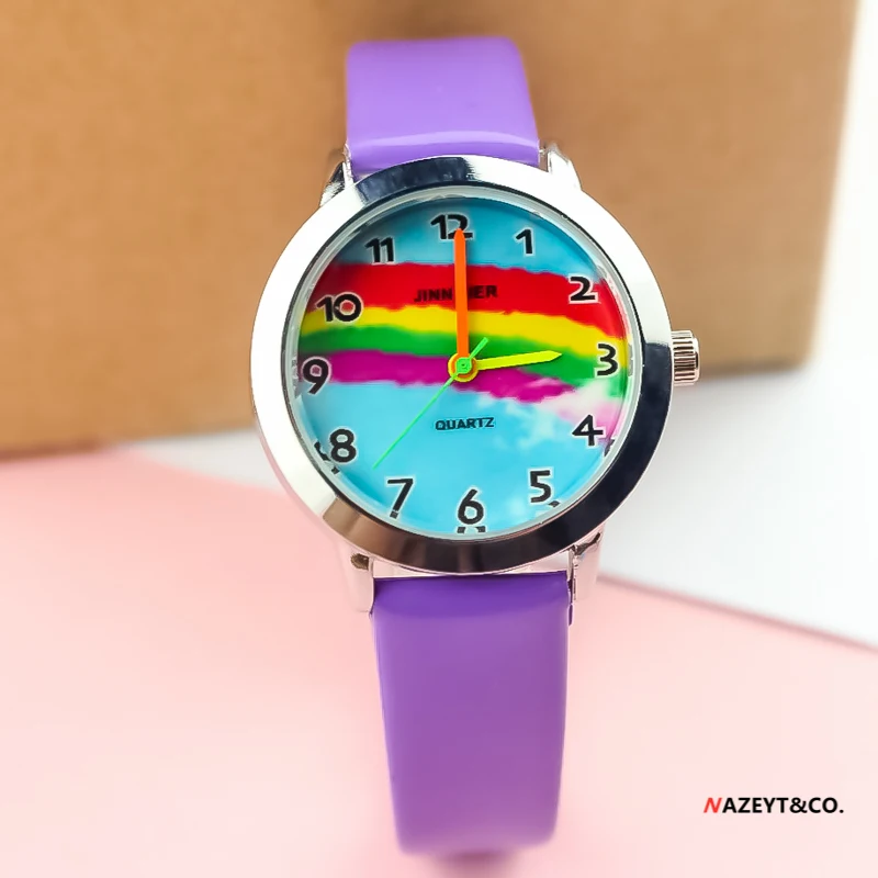 Little boys girls colorful PU leather watch children kids beauty rainbow dial easy learn time quartz Arabic no. gift clock