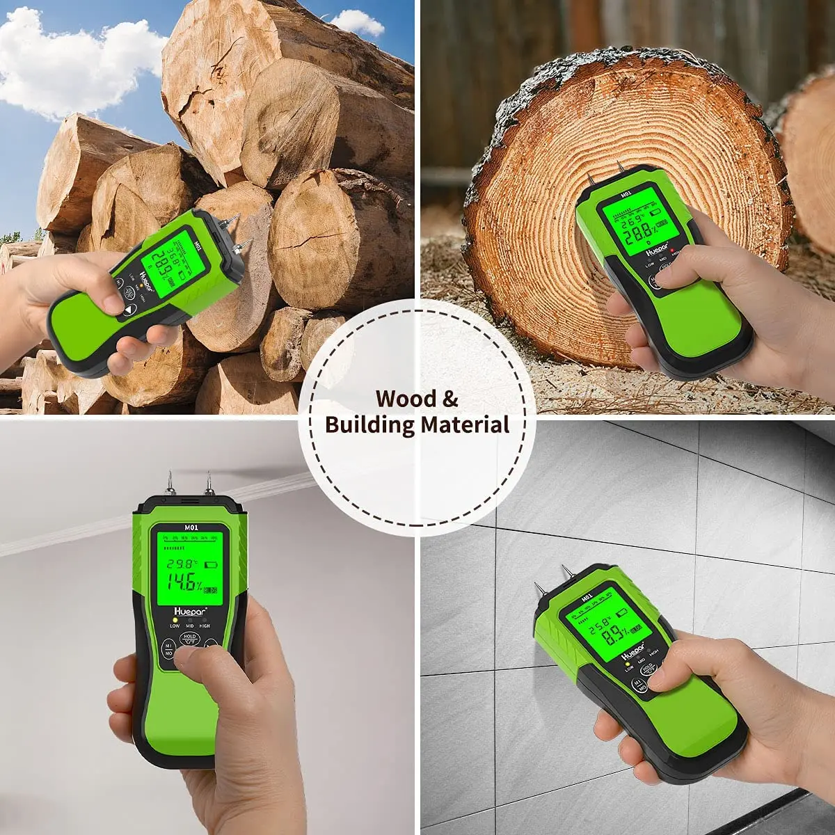 Imagem -02 - Digital Madeira Umidade Medidor Profissional Timber Damp Tester Higrômetro Portátil Madeira Detector Display hd Huepar-m01
