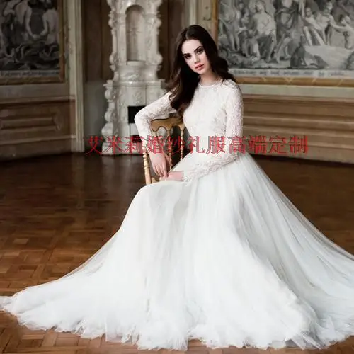 Robe De mariée longue en tulle et dentelle à boutons, tenue musulmane arabe, nouvelle collection 2019