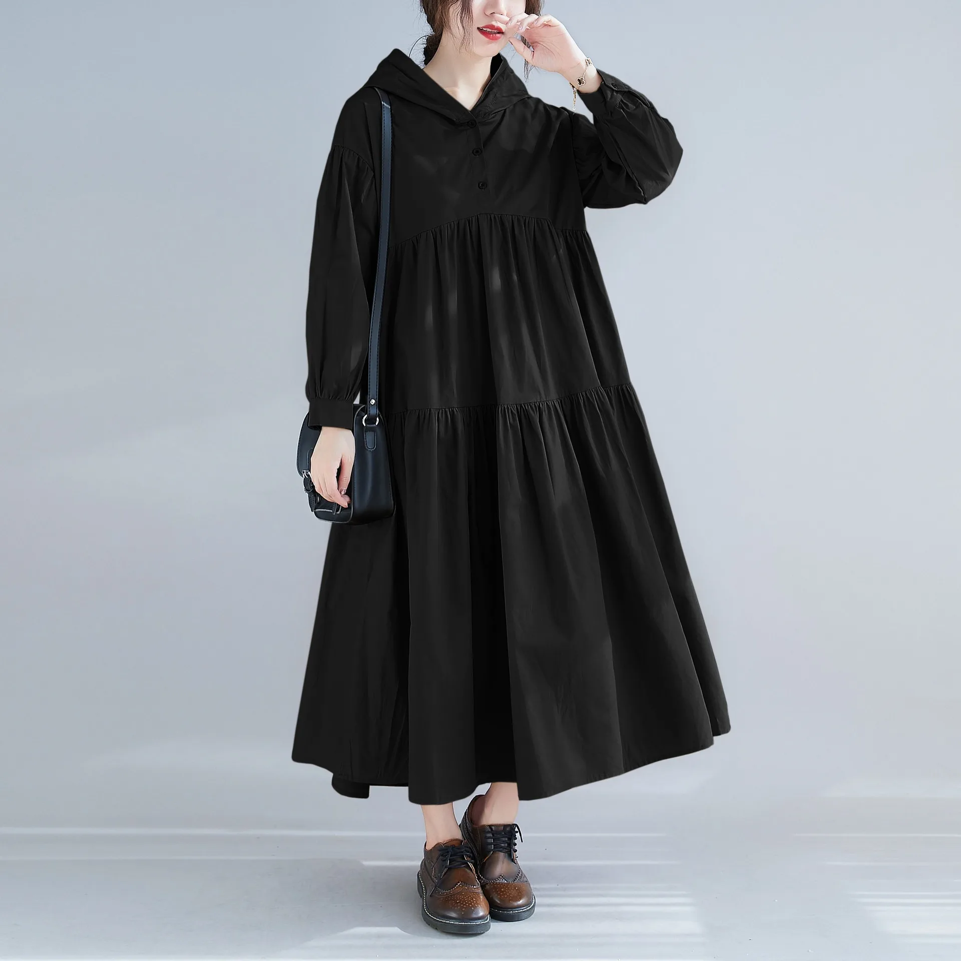 

Johnature New Casual Hooded Collar Women Dresses 2024 Spring Autumn Loose Solid Coloor Female Dress