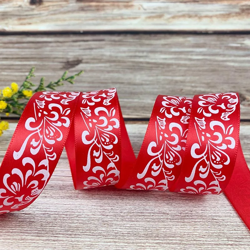 5 Yards 25mm Flower Printed Satin Ribbon For DIY Hair Bow Christmas Party Wedding Decoration Gift Packing Ribbons For Crafts