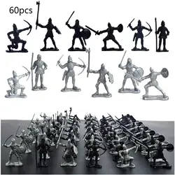 60 pcs/lot Sliver Black Warriors Medieval Soldiers Military Figures Toy Archaic Soldier Middle Ages Knights Plastic Model Toys
