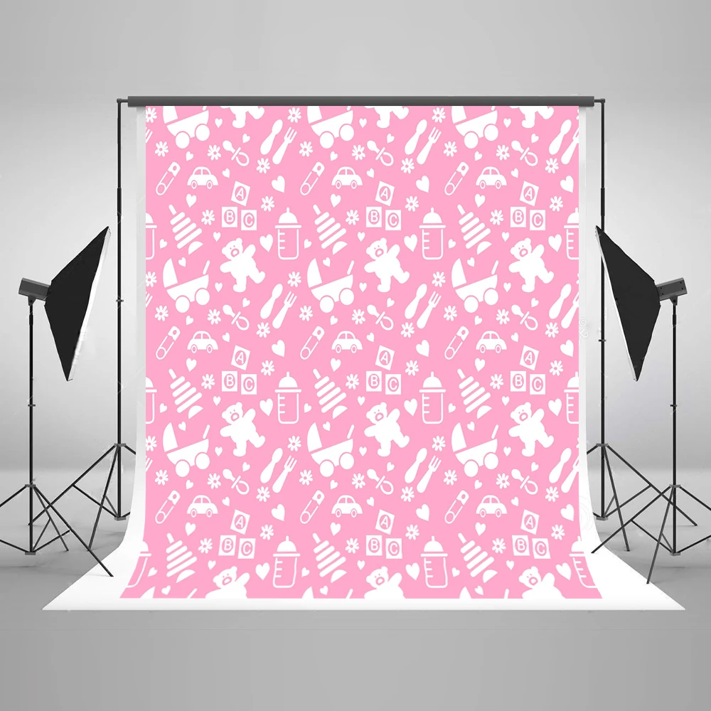 

VinylBDS 5X7FT Pink Fundo Fotografico Para Estudio Pink Cartoon Curtain Cubs Car For Children Background Backdrop