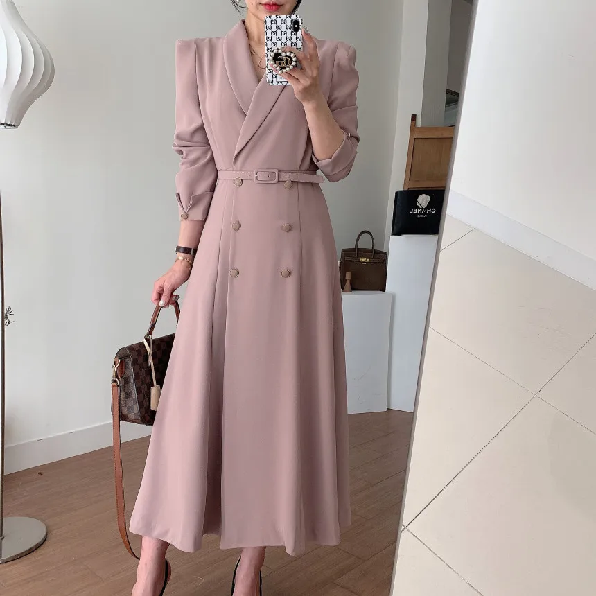 Jsxdhk escritório senhoras chique turn down collar trench coats elegante outono feminino duplo breasted rosa longo blusão com cinto