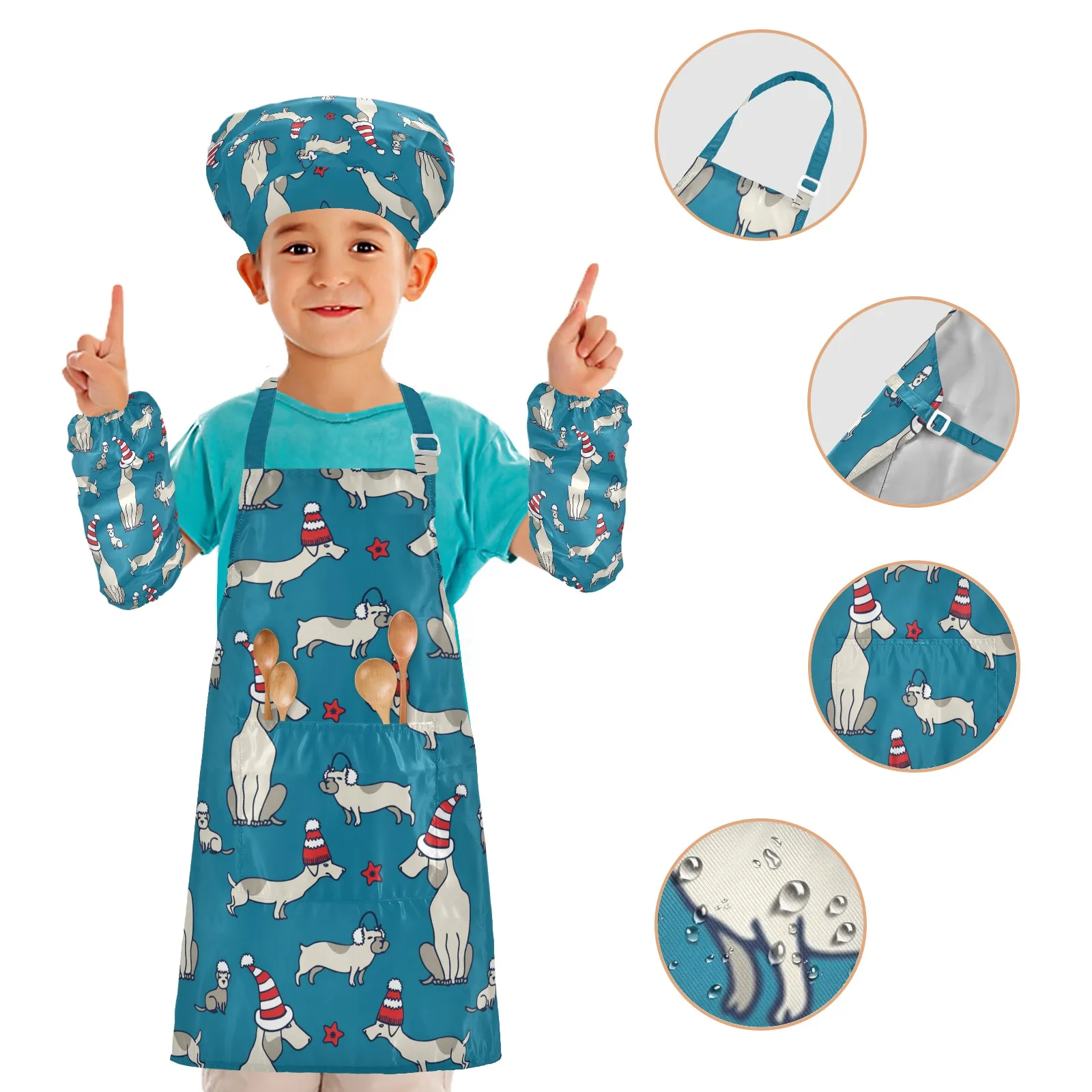 Children's Apron Three Pieces Set Cat Dog Print Sleeves Hat Apron For Kids Kitchen Baking Painting Cooking Waterproof Adjustable