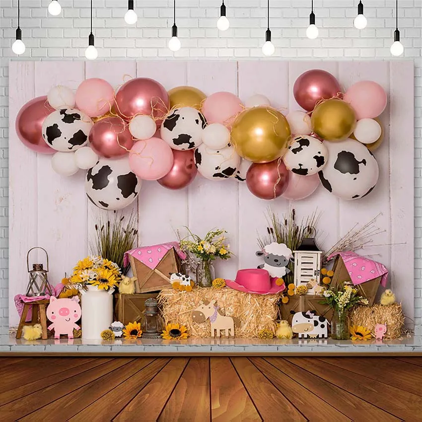 

Baby Shower Backdrops Farm Cow Sunflower Plank Haystack Pink Balloon Girl Photography Background Studio Birthday Decor Photozone