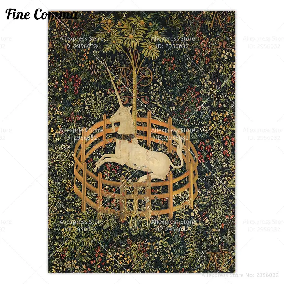 Unicorn in Captivity Unicorn Tapestry Vintage Poster Wall Art Canvas Print Antique Unicorn Art Medieval Middel Ages Home Decor