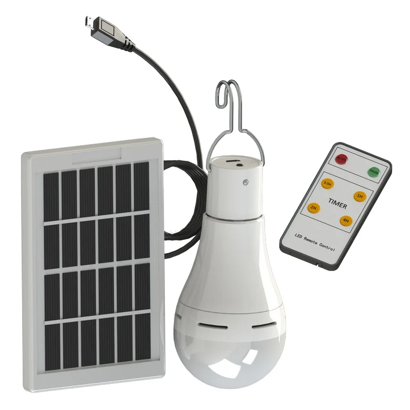 

LED Solar Light Solar Bulb with Remote Control Lamp Indoor Waterproof Panel Emergency Plastic Bulb Hook Tent Lantern Outdoor