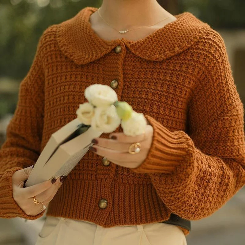 Women Kawaii Cardigan Crop Top Peter Pan Collar Solid Loose Basic Cozy Sweaters S-3XL Soft Teenagers Fashion Female Knitwear New