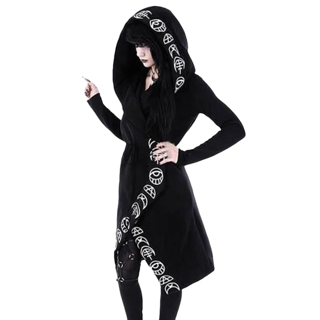 Gothic Punk Black Long Women Hoodies Sweatshirts 2021 Autumn Moon Print Long Sleeve Hoodie Women Loose Coat Hooded Sweatshirt