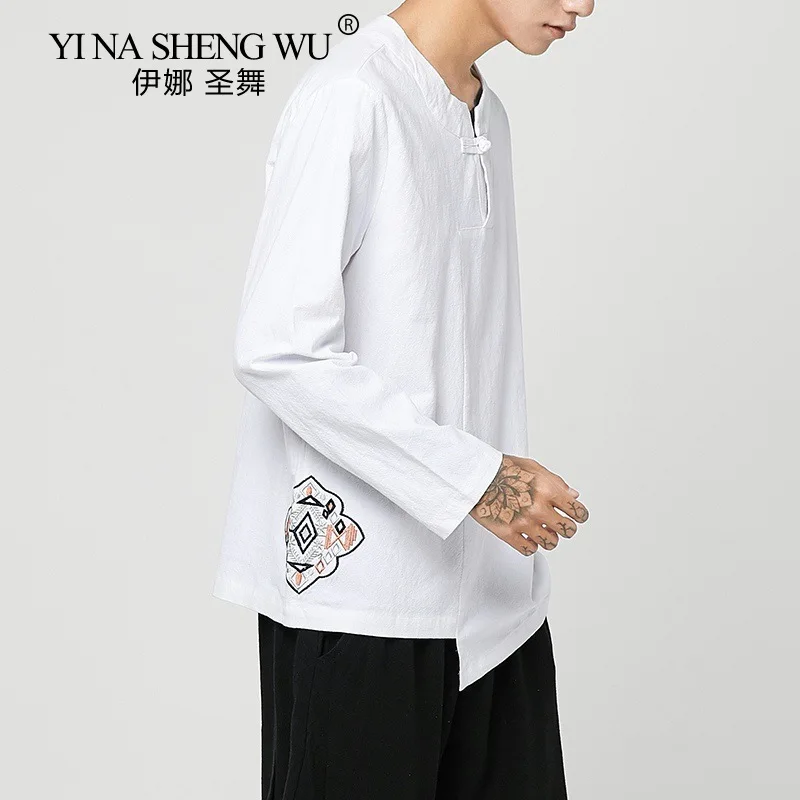 Fashion Casual Men's Cotton Linen Long Sleeve T-Shirt New Chinese Style Men's Large Size Loose Coil Button Embroidered T-shirt