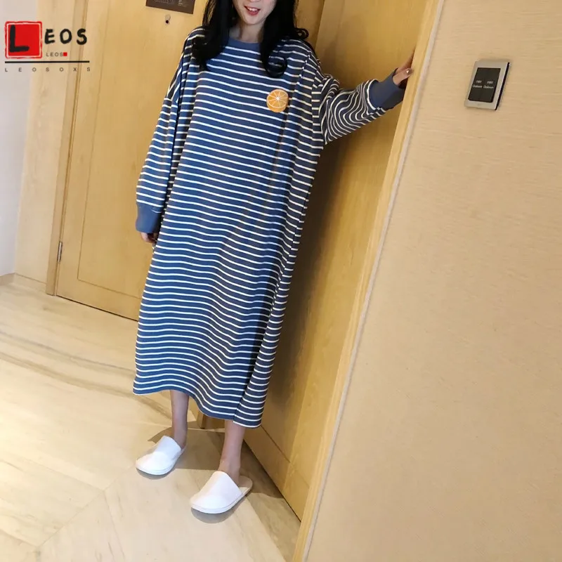 Women Sleepwear Stripe Fruit Print Nightdress For Lady Homewear Summer Loose Plus Long Dress Long Sleeve Fashion Female Clothes