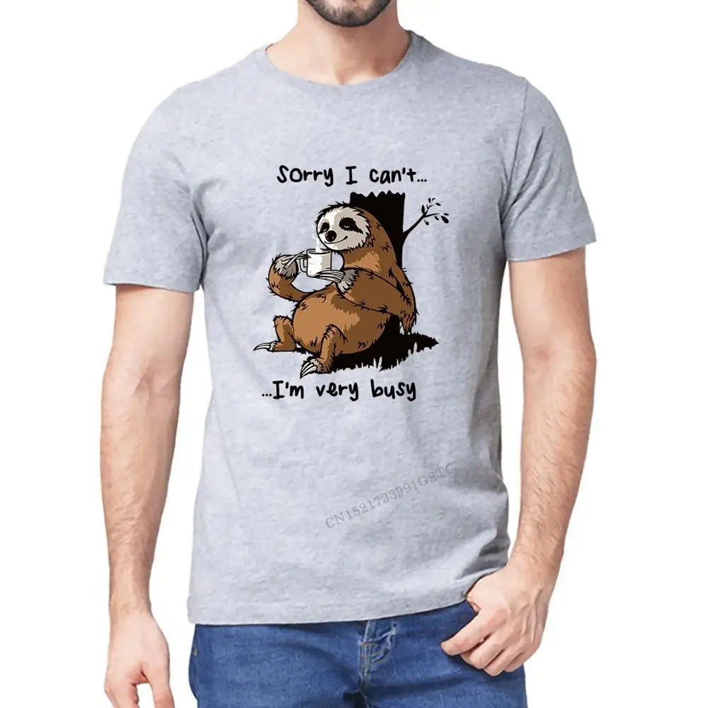 Funny Premium Cotton Sloth Drinking Coffee Sorry I Can\'t I\'m Very Busy Men Camisas Hombre T-Shirt Fashion Unisex Women Tops Tee