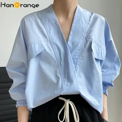 HanOrange-camisa holgada de algodón con manga de murciélago para mujer, camisa con cuello en V, estilo perezoso, 2 botones, primavera 2024