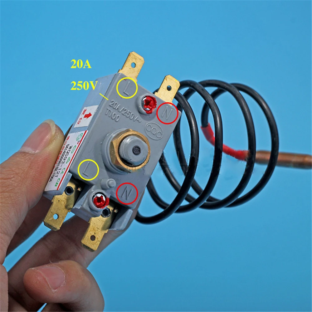 WQS93-12T Termosztát 20A kézi Megélesít Elektromos vize melegítő 4plug Hőfok limiter vezérlő Vasúti váltó vel vel 93℃ Végigmér