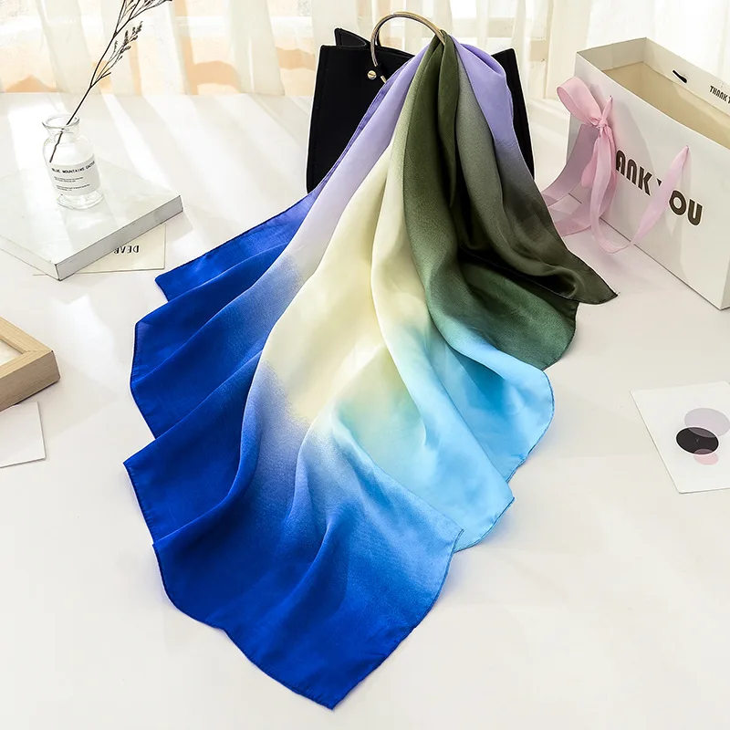 Women Foulard Gradient Solid Color Beautiful Square Scarf Bandana Elegant Shawl Hijab Summer Sun Protection